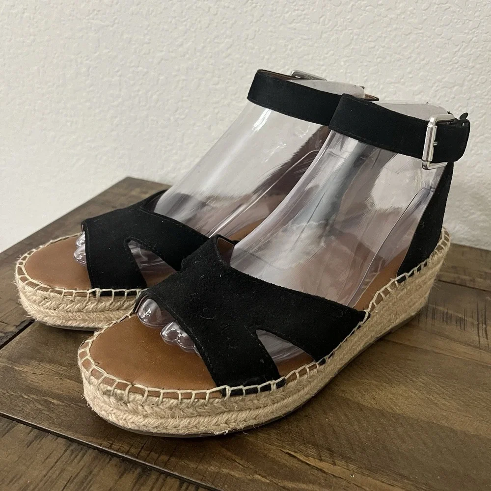 Franco Sarto Wedge Sandals‎ Women's 7.5 Black Suede Pellia Suede Espadrille
